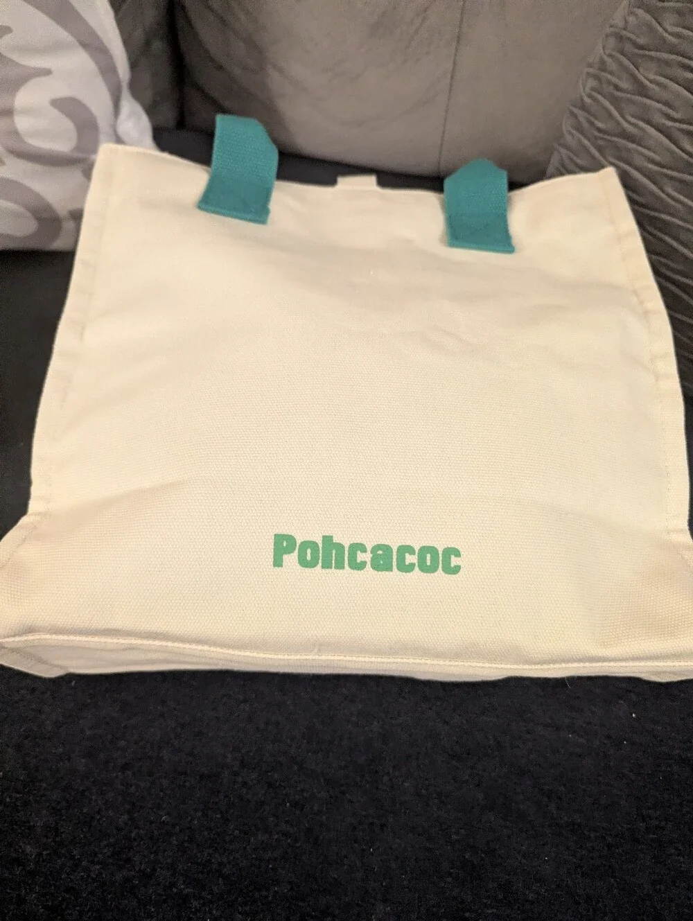 Pochaco Inspired Canvas Tote Bag with Teal Handles And Plush Keychain